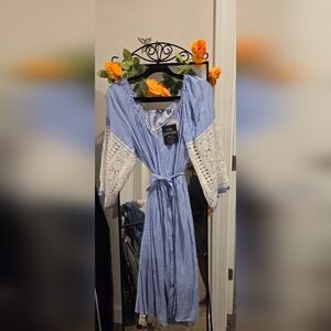 Mlle Gabrielle Blue and White Dress with Lace Sleeves